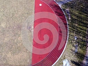 Empty Football field and gate in stadium, aerial view