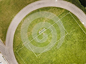 Empty football soccer field stadium aerial top down view sport concept