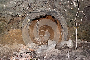 An empty fox hole dug in the ground with sand