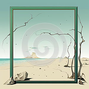 an empty frame on the beach with rocks and trees