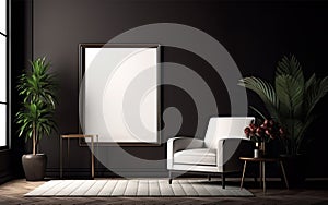 Empty frame on the black wall with copy space in the living room with an elegant white armchair, green plants on the floor