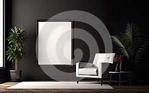 Empty frame on the black wall with copy space in the modern and chic living room with a white retro armchair, green plants