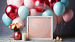 Empty Frame with colorful party balloons and confetti on wooden table