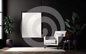 Empty frame on the dark black wall with copy space in the living room with a white retro armchair, green plants on the floor side
