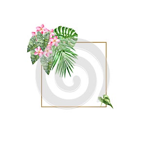 Empty frame decorated by watercolor tropical leaves anf fowers