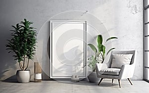 Empty frame on the floor with copy space in the living room with a white armchair, Gray concrete wall, green plants on the floor
