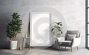 Empty frame on the Gray concrete wall with copy space in the living room with a white retro armchair, green plants on the floor