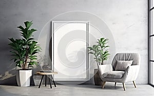 Empty frame on the Gray concrete wall with copy space in the living room with a white retro armchair, green plants on the floor