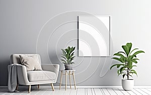 Empty frame on the Gray wall with copy space in the living room with a cozy beige armchair, green plants on the floor side