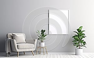 Empty frame on the Gray wall with copy space in the living room with a white armchair decorated with rug, green indoor plants