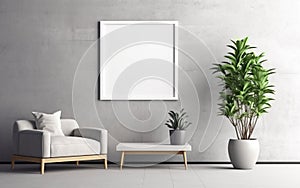 Empty frame on the Gray wall with copy space in the living room with a white retro armchair, green plants on the floor