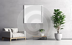 Empty frame on the Gray wall with copy space in the living room with a white retro armchair, green plants on the floor