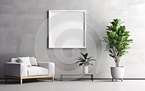 Empty frame on the Gray wall with copy space in the living room with a white retro armchair, green plants on the floor side