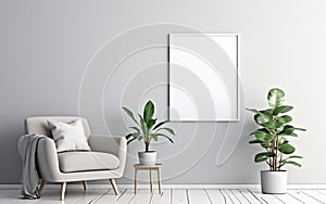 Empty frame on the Gray wall with copy space in the living room with a white retro armchair, green plants on the floor side