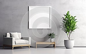 Empty frame on the Gray wall with copy space in the living room with a white retro armchair, green plants on the floor side