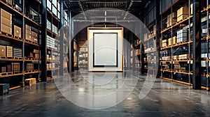 Warehouse interior showcasing empty frame on display in spacious industrial setting