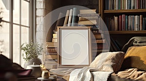 Empty Frame Leaning Against a Stack of Books in a Cozy Room