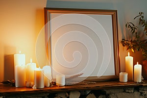 empty frame on a mantlepiece with candles beside