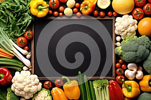 Empty frame in the middle of different vegetables lying on the table. Generative AI