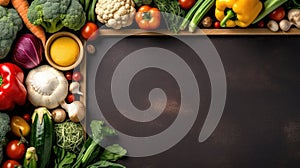 Empty frame in the middle of different vegetables lying on the table. Generative AI