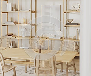 empty frame mock up on white wall with shelves with decor, dining table in living room interior, 3d rendering.