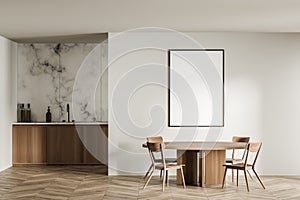 Empty frame mockup in beige dining room and minimalist kitchen on background