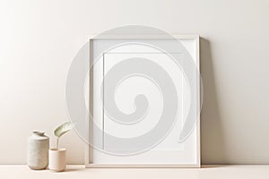 Empty frame mockup on empty neutral wall background.