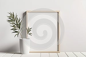 Empty frame mockup on empty neutral wall background.