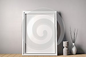 Empty frame mockup on empty neutral wall background.