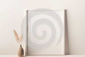 Empty frame mockup on empty neutral wall background.