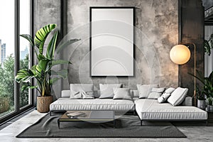 Empty frame mockup on wall in modern living room with sofa. Interior design mock-up artwork template