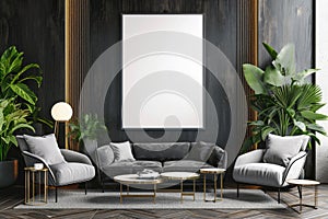 Empty frame mockup on wall in modern living room with sofa. Interior design mock-up artwork template