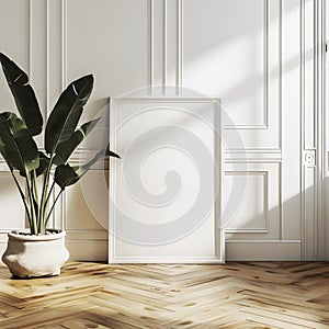 An empty frame mockup in a white room decoration with a plant.