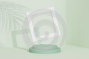 Empty frame near to podium or pedestal for products or advertising on pastel green background with tropical leaf shadow