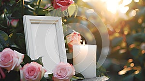 An empty frame for a photo or text near a funeral memorial with candles and flowers