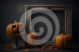 Empty frame and scary pumpkin jack o lantern. Copy space template for spooky Halloween party. Generative AI