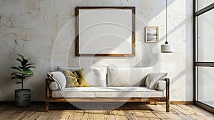 Empty frame on a wall. Horizontal frame template with morning sunrise. Cozy couch on a wooden floor. Template for images. 3D