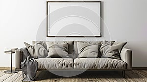 Empty frame on a wall. Horizontal frame template with morning sunrise. Cozy couch on a wooden floor. Template for images. 3D
