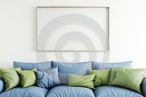 empty frame on a white wall above a blue sofa with green cushions