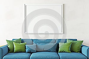 empty frame on a white wall above a blue sofa with green cushions