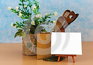 Empty Frame On Wooden Shelf With Decorative Flowers,Vintage Box and Antique Vase White Blank Advertisement Banner Mock Up Isolated