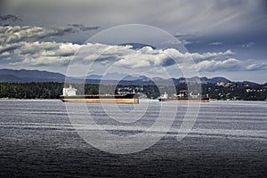Empty freighters and container ships anchored off the coast of Vancouver Island awaiting to be loaded photo