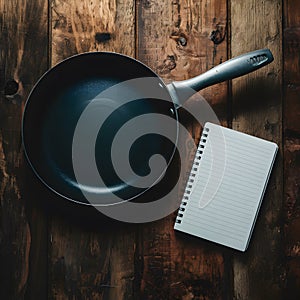Empty frying pan with handle and paper notebook