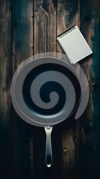 Empty frying pan with handle and paper notebook