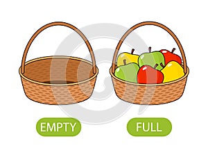 Empty and full basket of apples. concept of children learning opposite adjectives