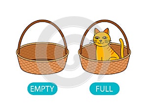 Empty and full basket with a cat. the concept of teaching children the opposite adjective