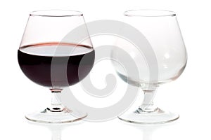 An empty and a full glass of red wine