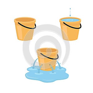 Empty, full, leaking bucket. Vector illustration isolated on white background.