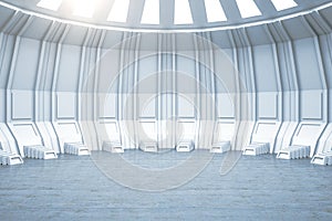 Empty futuristic hall interior with abstract white wall