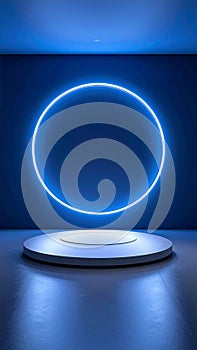 Empty Futuristic Podium With Bright Blue Neon Circle Light In Dark Room